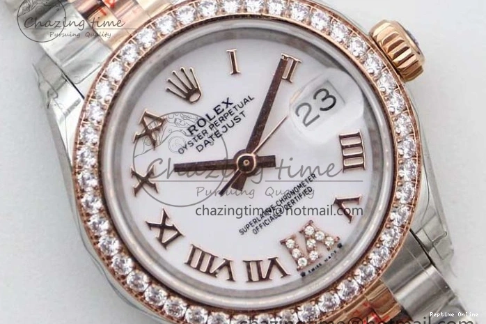 0121 Trendy Lady DateJust 28 SS RG TWF Diamonds Bezel 1:1 Best Edition White Dial Roman Markers on Jubilee Bracelet NH 2129